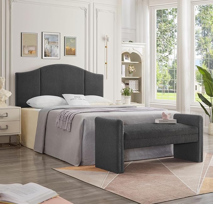 24KF Middle Century Upholstered Foldable Queen Headboard, Modern Boucle Teddy Fabric Headboard Queen/Full 6033-Q-Dark Gray