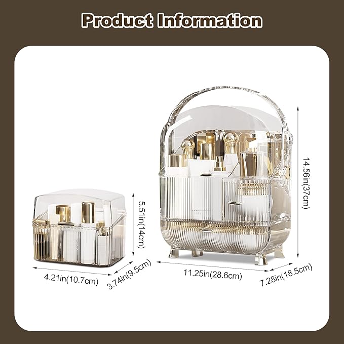 Ergocar Galatée Portable Retro Series Multi-Function Make Up Case Dustproof Cosmetic Storage Box,Cosmetics Skin Care Products Jewelry Organizer Finishing Box - High Transparency + Lipstick