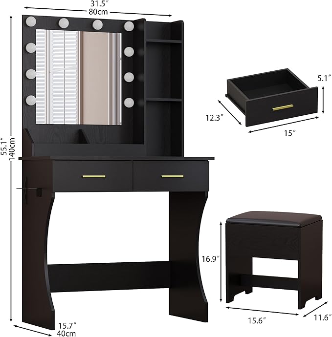Black Vanity Mirror with Lights Desk and Chair, Small Makeup Vanity Set with Charging Station, Dressing Table with 2 Large Drawers, RGB Ambient Light, 3 Lighting Modes & Adjustable Brightness