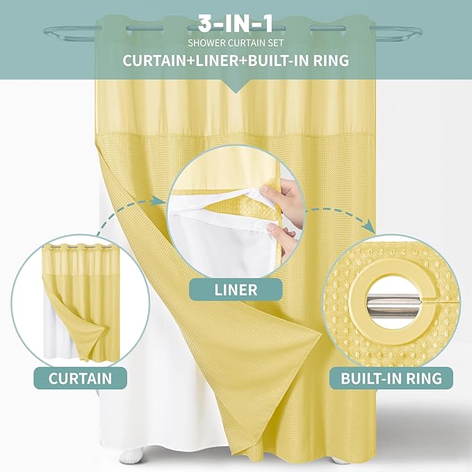 Yellow No Hook Waffle Weave Shower Curtain with snap-in Liner Replacement, 230GSM Waterproof Fabric Hotel Shower Curtain Set for Bathroom, Through Mesh Top Window,71Wx77H