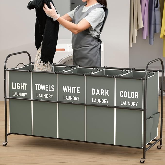 5-Section Laundry Sorter Cart, Large Laundry Hamper with Lockable Rolling Wheels, Versatile Storage Organizer with Removable Bags for Dirty Clothes, Gray
