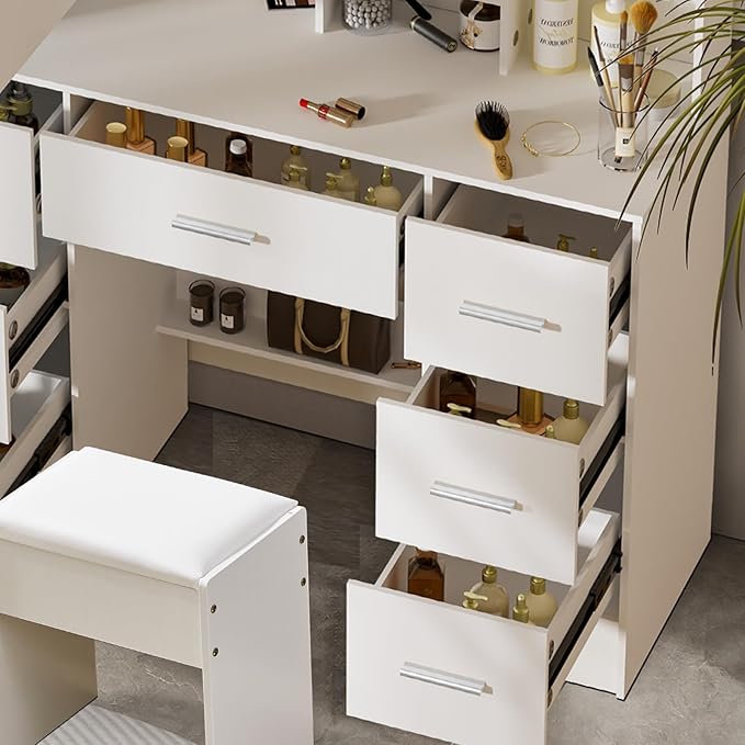 Large Vanity Table Set, 7 Storage 8 Shelves Makeup Table with Mirror & LED Lights, Modern Dressing Table with Soft Stool and 3 Brightness Adjustable for Girls and Women, White