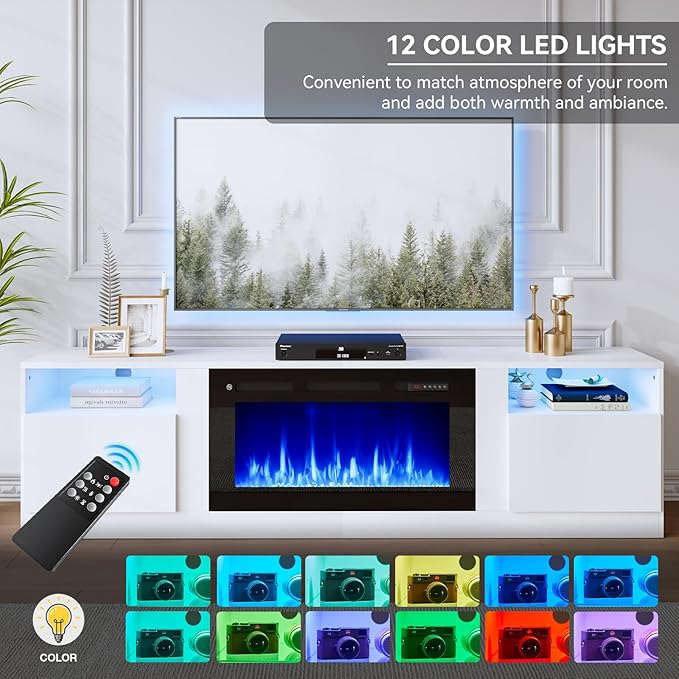 oneinmil 80” TV Stand with 36” Electric Fireplace, Large Modern Media Entertainment Center with Storage Cabinet and 12 Colors LED Lights for TVs Up to 90", White TV Stand and Black Fireplace