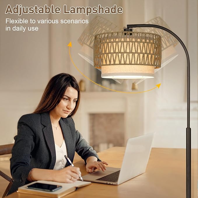 Arc Floor Lamp Black, Boho Floor Lamps for Living Room, Dimmable Standing Tall Lamps with Rattan Fabric Shade, Modern Floor Lamp Farmhouse Bohemian Light for Bedroom, Office, 9W LED Bulb Included