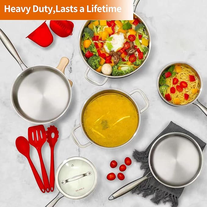 DELARLO Whole body Tri-Ply Stainless Steel Kitchen Cookware Set of 14 With Lid Heats quickly Cookware, Suitable for All Stove Kitchen, Pots and Pans sets