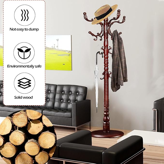 Coat Racks Free Standing with 14 Hooks, Natural Wood Coat Stands for Entryway, Adjustable Height 73 in Tree Coat Rack Stand for Hallway Home Office Bedroom (Mahogany)