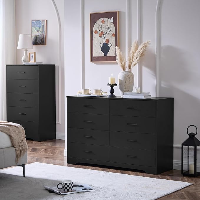 LIDYUK Dresser for Bedroom, Wood Dresser with 8 Drawers, Modern Minimalist Dressers & Chests of Drawers, 48 Inches Wide Chest of Drawers for Bedroom, Hallway, Living Room, Black