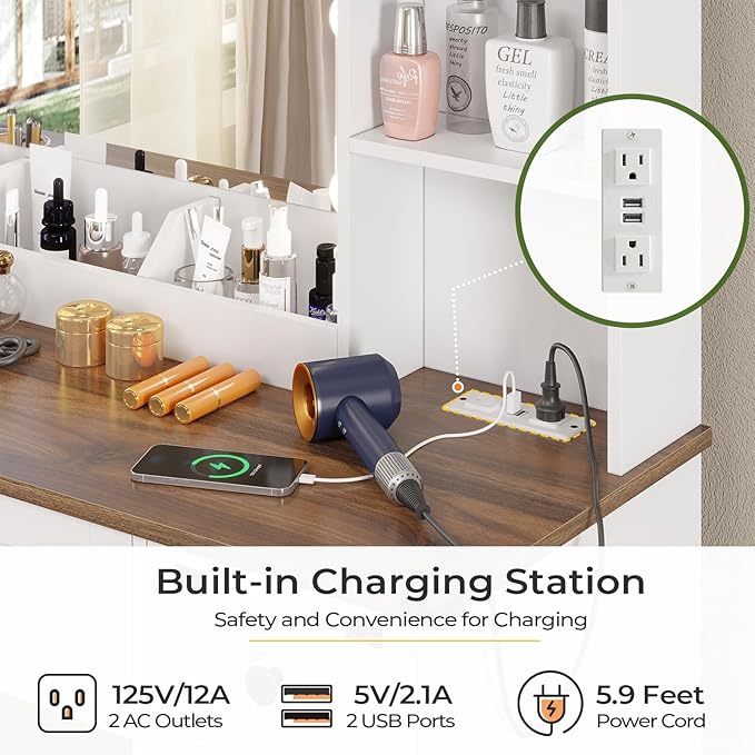 DICTAC Farmhouse Makeup Vanity Desk with Mirror and Lights, Large Vanity Table with Charging Station, 43'' Bedroom Dressing Table with 6 Drawers & 2 Cabinets, 3 Color Lighting Modes, White