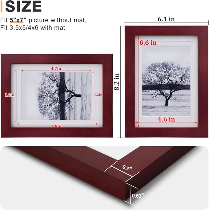 Egofine 5x7 Picture Frame Made of Solid Wood, Display Pictures 3.5x5/4x6 with Mat or 5x7 Without Mat Covered by Plexiglass for Table Top Display and Wall Mounting Photo Frame, Dark Red