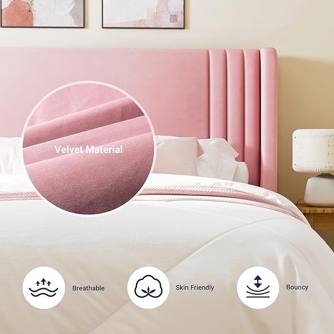Allewie Queen Size Velvet Platform Bed Frame with Vertical Tufted Wingback Headboard, Easy Assembly, Under Bed Storage, No Box Spring Required, Modern Style, Pink