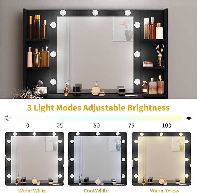DWVO Vanity Desk with Large Mirror and LED Lights, Makeup Vanity Table Set with Power Outlets, Comfy Stool & Storage Drawers, Shelves and Cabinets, 3 Lighting Modes Makeup Table, Dressing Room, Black