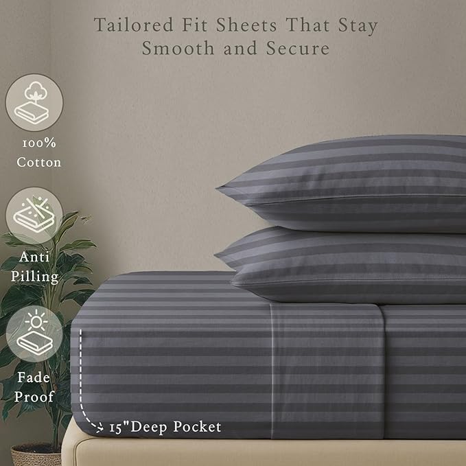 Threadmill 500 Thread Count Twin Size Damask Stripe, 3 Pc Luxury Cotton Bedding Set, Breathable & Silky Soft Dark Grey Sheets with 15" Elasticized Deep Pocket, 1 Pillowcase & Free Tote Bag