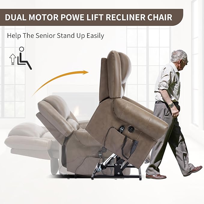 Dual Motor Power Lift Chair, Lay Flat Recliner Chair, Electric Recliner with Massage and Heat for Elderly, Remote Control, Infinite Position, Standing Assistance, USB Ports (Khaki, Genuine Leather)