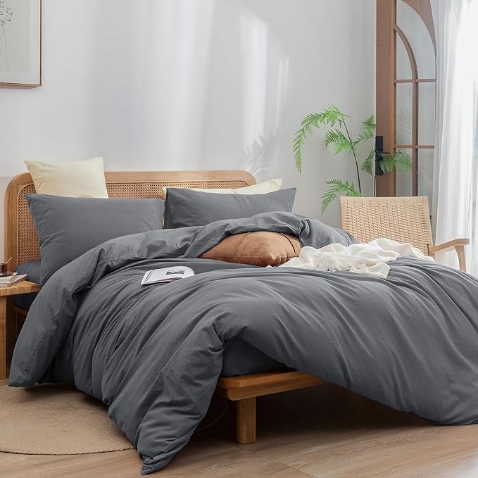 BESTOUCH Duvet Cover Set 100% Washed Cotton Linen Feel Super Soft Comfortable Chic Lightweight 3 PCs Home Bedding Set Solid Quiet Shade Grey King