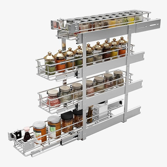 4-Tier 8" W x 21" D Narrow Pull Out Cabinet Organizer, Roll out Spice Rack Holder Shelve, Slide Out Slim Storage Wire Baskets for Storage Organization