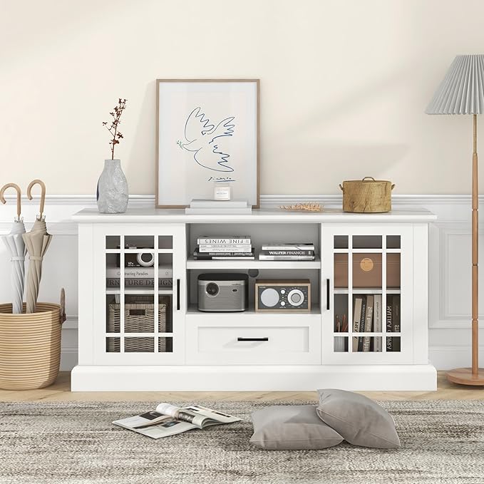 Tangkula Farmhouse TV Stand for TV up to 70 Inch, Tall Media Console Table with 2 Glass Doors, Entertainment Center with Cubbies & Drawer, Storage Cabinet or Sideboard Buffet for Living Room (White)