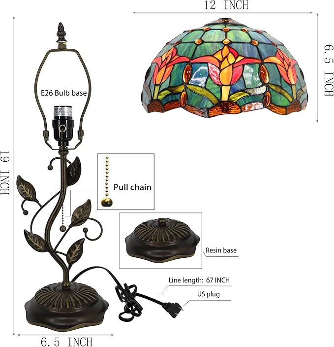 Tiffany Table Lamp, Stained Glass Desk Light, W12H19 Inch, Metal Leaf Base (Tulip Style)