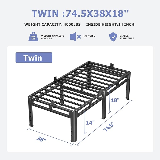 NKZ 18 Inch Twin Size Bed Frame, Metal Bed Frame & Box Spring 2 in 1 Platform with Round Corner Legs, 4000Lbs Heavy Duty Metal Frame, Mattress Slide Stopper, Headboard Hole, Noise-Free, Easy Assembly