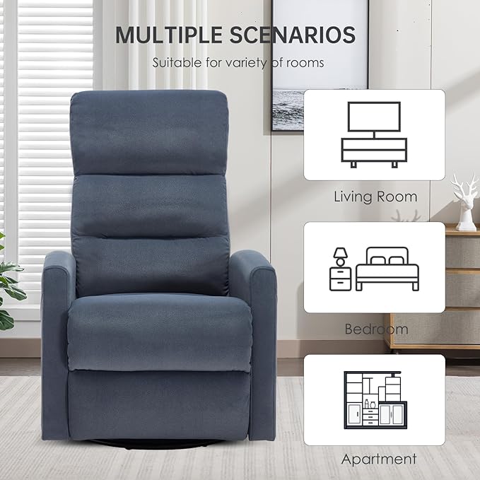 360° Swivel Rocker Recliner Chair for Small Spaces, Manual Reclining Chair for Adults, Rocking Glider for Nursery, Living Room, Bedroom, Fabric Blue Grey