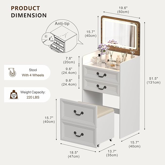 Farmhouse 3 in 1 Vanity with 2 Sockets USB, LED Small Makeup Desk with Flip Top Mirror, Compact Vanity with Glass Desktop, Storage and Cushioned Stool with Wheels,3 Drawers, for Bedroom White