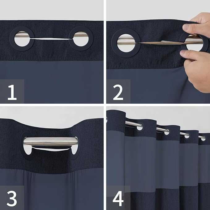 No Hooks Needed Linen Textured Shower Curtain with Snap-in Fabric Liner Set,Hotel Luxury Decor Waterproof Shower Curtains for Bathroom with Mesh Top Window,Washable,71Wx74H,Navy Blue