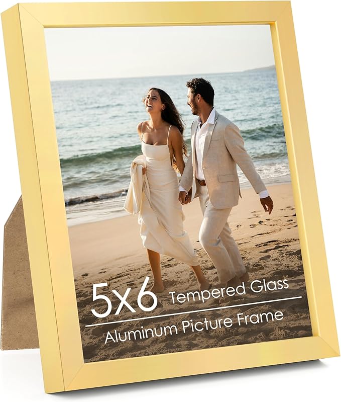5x6 Metal Picture Frame - Gold Aluminum Photo Frames Real Real Glass,Tabletop Display,Mounting Horizontally or Vertically Decor for Wall Gallery Poster Photo 6x5 Frames, Gold