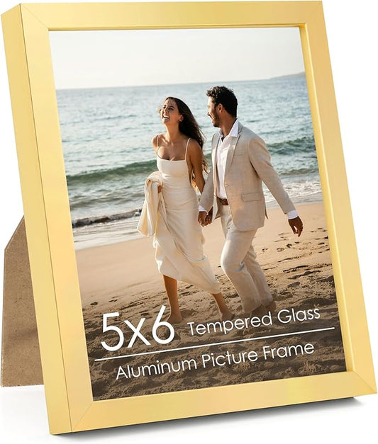 5x6 Metal Picture Frame - Gold Aluminum Photo Frames Real Real Glass,Tabletop Display,Mounting Horizontally or Vertically Decor for Wall Gallery Poster Photo 6x5 Frames, Gold