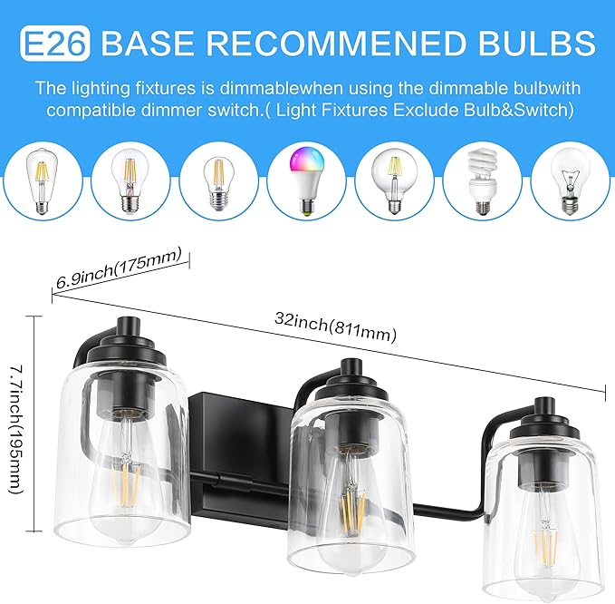 SOLFART 3 Lights Bathroom Light Fixtures Over Mirror Black Vanity Lights for Bathroom Wall Lights for Bathroom Matte Black Mirror Light