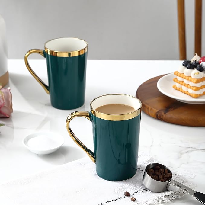 Coffee Mugs,12OZ Ceramic Coffee Mugs Set of 6,Cups with Large Handles for Men Women, Porcelain Big Mug for Tea Latte, Housewarming Wedding Gifts(green and gold)