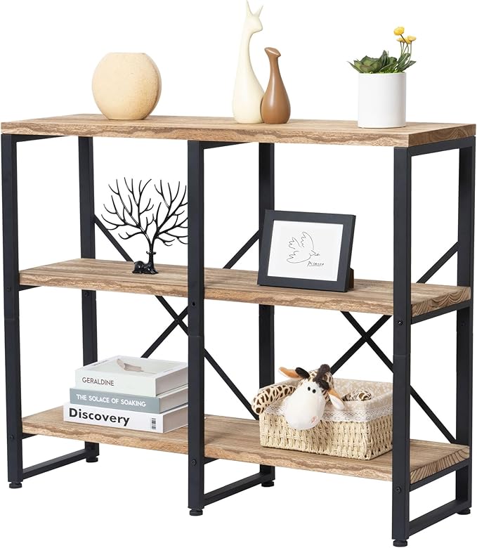 3 Tier Solid Real Wood Bookshelf Rustic Industrial Style, Wooden Storage Shelves Etagere Bookcase Book Shelf Display Shelf for Home Office
