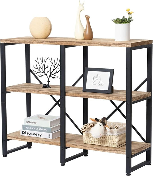 3 Tier Solid Real Wood Bookshelf Rustic Industrial Style, Wooden Storage Shelves Etagere Bookcase Book Shelf Display Shelf for Home Office