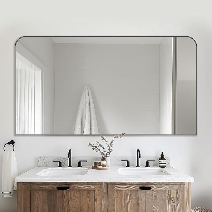 Bathroom Mirror, Wall Mirrors, Black Metal Framed Wall-Mounted Mirrors, Bathroom Vanity Mirror for Over Sink, Living Room, Bedroom, Entryway, 55x30 Inch, Black