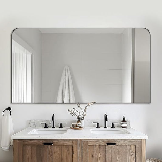 Bathroom Mirror, Wall Mirrors, Black Metal Framed Wall-Mounted Mirrors, Bathroom Vanity Mirror for Over Sink, Living Room, Bedroom, Entryway, 55x30 Inch, Black