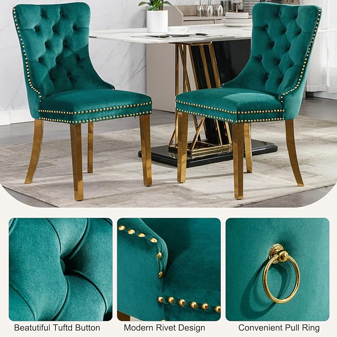 3-Piece Faux Marble Round Dining Table Set for 2, Modern Luxury Kitchen Table Set for 2 with Green Tufted Chairs,Circle Dining Tables with Pandora Grain Top and Bronze Pedestal Base