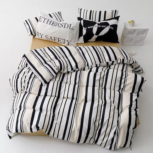 Cottonight Black and White Striped Comforter Set King Geometric Bedding Comforter Women Men Beige Black Blanket Quilts Geometric Ticking Bedding Set Fluffy Folkloric Boho Quilts for King Bed