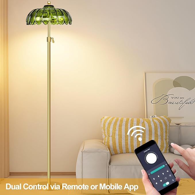 Gold Floor Lamps for Living Room Vintage Floor Lamp with Remote Control & Glass Lampshape,Mid Century Modern Standing Lamp with 3 Color Temperature Brass Flower Tall Floor Lamp for Bedroom Corner