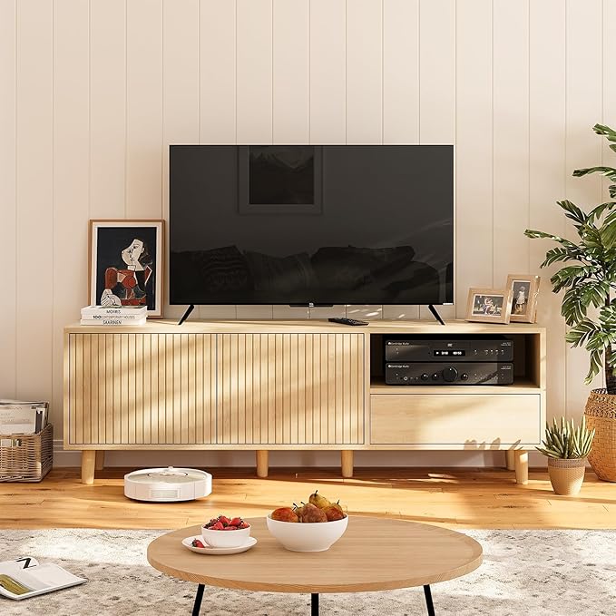58" Mid Century Modern TV Stand for 32-65 inch TVs, Light Wood TV Console with with Fluted Doors and Drawer, Entertainment Center with Storage for Living Room, Oak