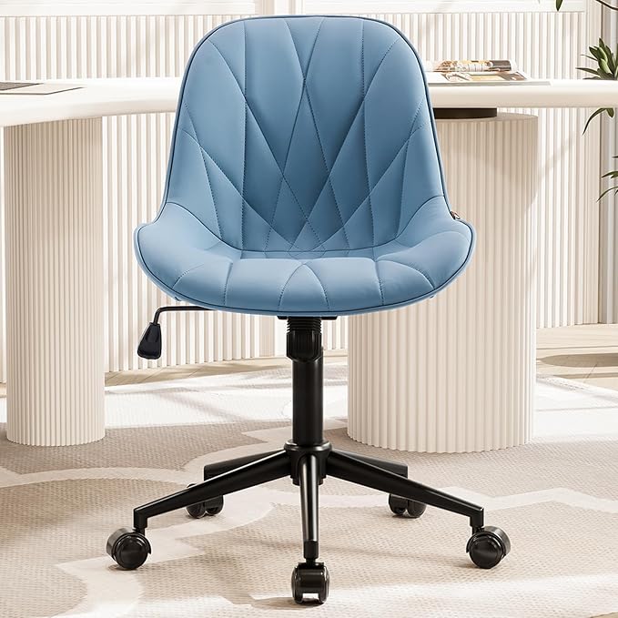 Rowill Modern Office Chair - Ergonomic Swivel Leather Desk Chair with Curved Backrest, Height Adjustable Rolling with Wheels, Perfect for Study Room & Office, Blue
