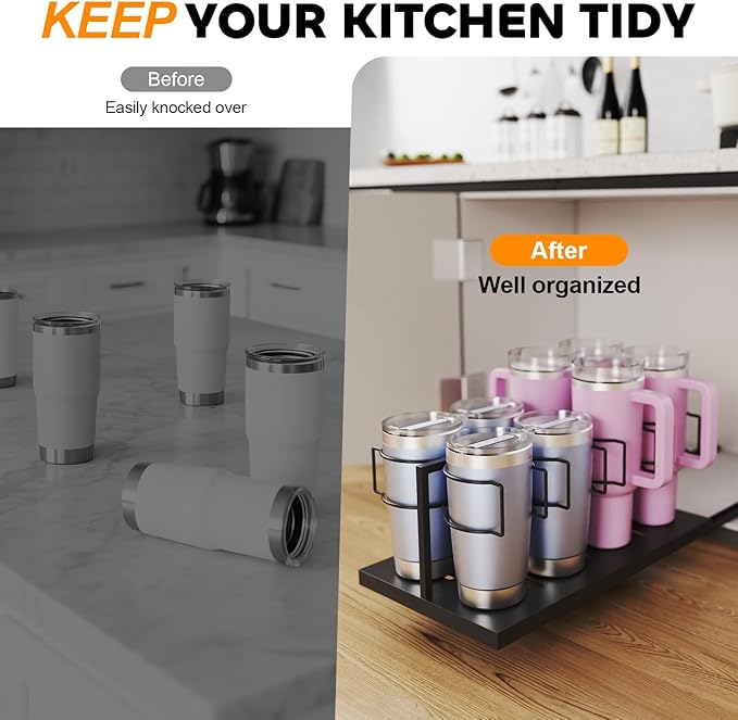 Pull Out Stanley Cup 0rganizer, Tumbler Organizer for Cabinets, Stainless Steel Water Bottle Organizer for 16 to 40oz Cup, Black