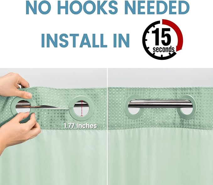 Mint Green Long No Hook Shower Curtain with Snap in Liner,230GSM Waffle Weave Shower Curtains for Bathroom,71W x 86H