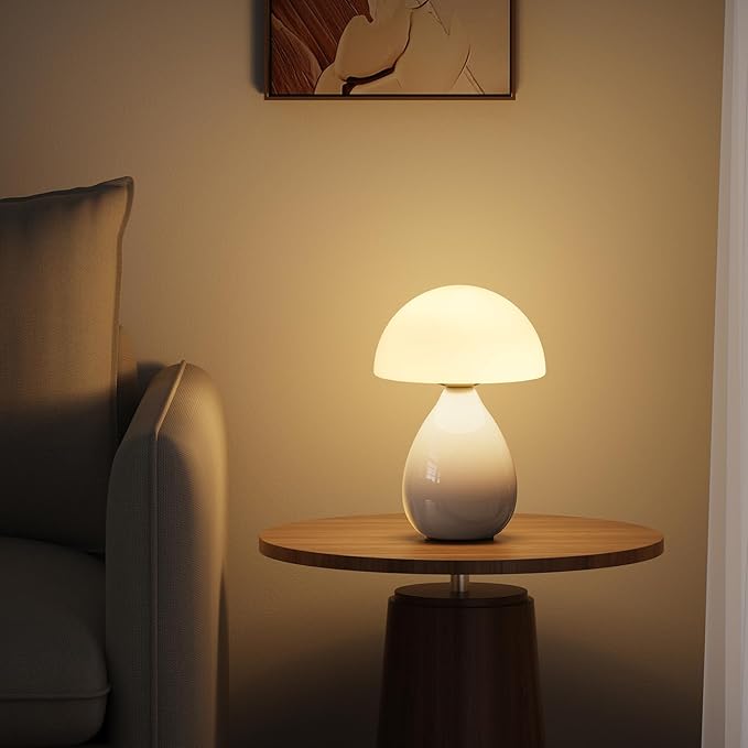 Mushroom Lamp Small Vintage Table Light, Mini Modern Lamp Bedside Nightstand LED, Small Light Dimmable for Bedroom, Living Room, Ceramic Base Glass Led Home Decor for Woman Gifts