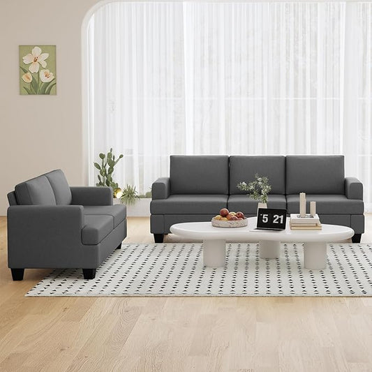 Furnimart Modern 3 Seater Couch and Loveseat Sets, Couches Set of 2 for Living Room, Deep Seat Sectional Sofa and Love Seat Set, Dark Grey
