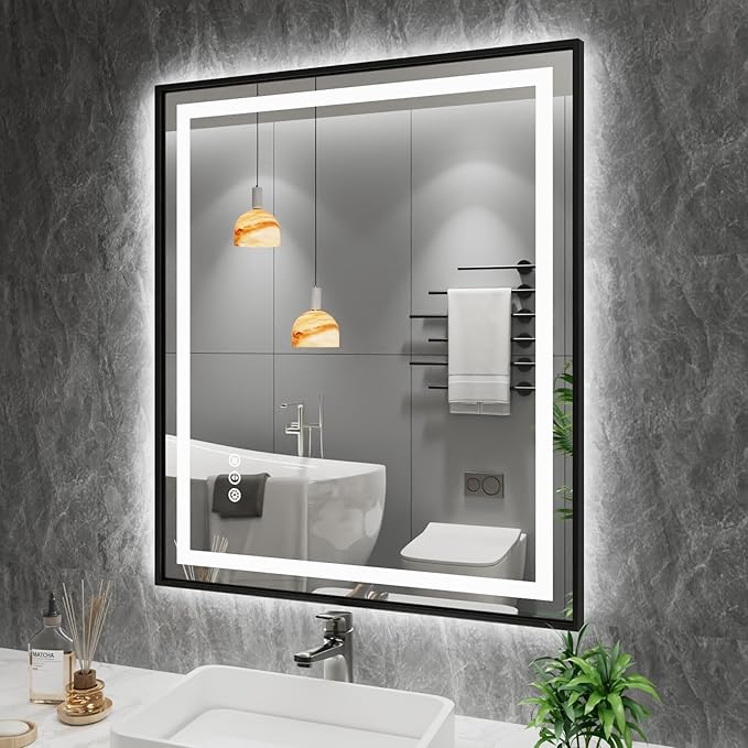 Amorho 36"X30" Black LED Mirror for Bathroom, Front Light and Backlit Framed Mirror, Stepless Dimmable, Anti-Fog, Shatter-Proof, Memory, 3 Colors, Double LED Vanity Mirror
