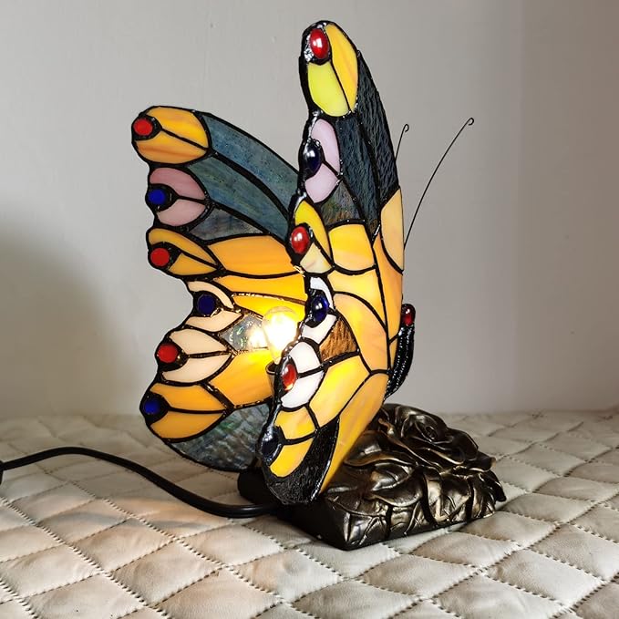 Bedside Table Lamp LED Tiffany Table Lamps Yellow Butterfly Stained Glass Shade ON Off Switch Night Light Side Table lamp for Living Room Bedroom Farmhouse Mothers Day Gifts