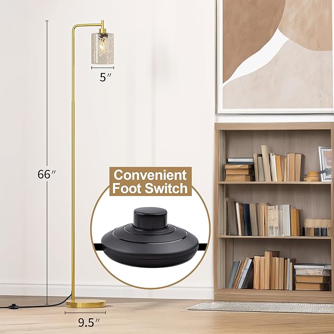 Oneach 66" Gold Floor Lamp for Living Room, Industrial Floor Lamp with LED Bulb, Glass Shade, Foot Switch, Morden Tall Farmhouse Standing Lamps for Bedroom, Office, Study Room
