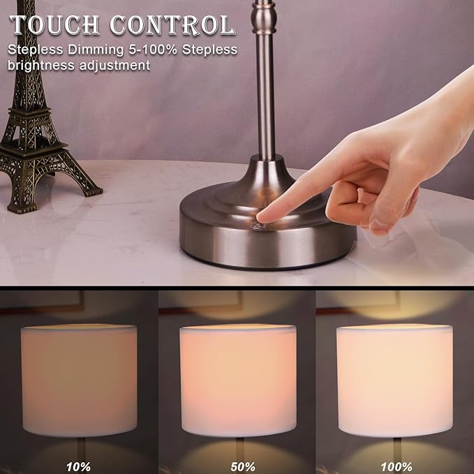 Rechargeable Battery Powered Table Lamp, Wireless LED Lamps, Cordless Touch Lamps, Stepless Dimmable Bedside Lamps, Night Lamp for Bedroom, Dinning Room, Kitchen Decor, Office (Silver)