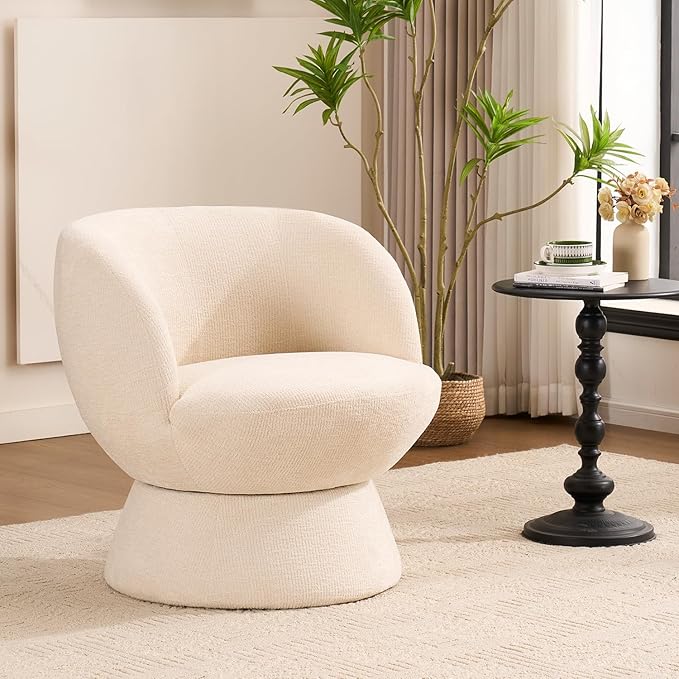 360° Swivel Boucle Bucket Chair, Accent Barrel Makeup Vanity Chair Modern Lounge Single Sofa with Padded Armrest for Dining Room, Living Room, Bedroom and Home Office. (Beige)