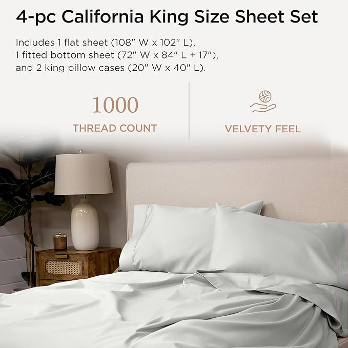 Threadmill Supima Cotton Sheets, 1000 Thread Count Soft 100% Cotton Sheets for Cal King Size Bed, 4 Pc Light Grey Cal King Bed Sheets Set, 5-Star Hotel Quality, Elasticized Deep Pocket Cal King Sheets