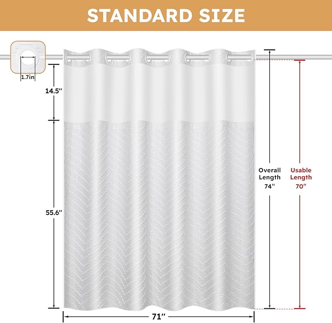 No Hook Shower Curtain and Snap in Liner Set White Tufted Chevron Striped Cloth Waterproof Washable Fabric Boho Bath Curtain with See Through Mesh Top Window for Bathroom Hotel 71" x 74"