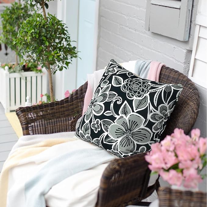 Outdoor Throw Pillow Covers 16x16 Inch, Square Patio Pillow Cases Pack of 2, Modern Decorative Back Cushion Covers for Patio Furniture Garden Couch Farmhouse,Flower Black